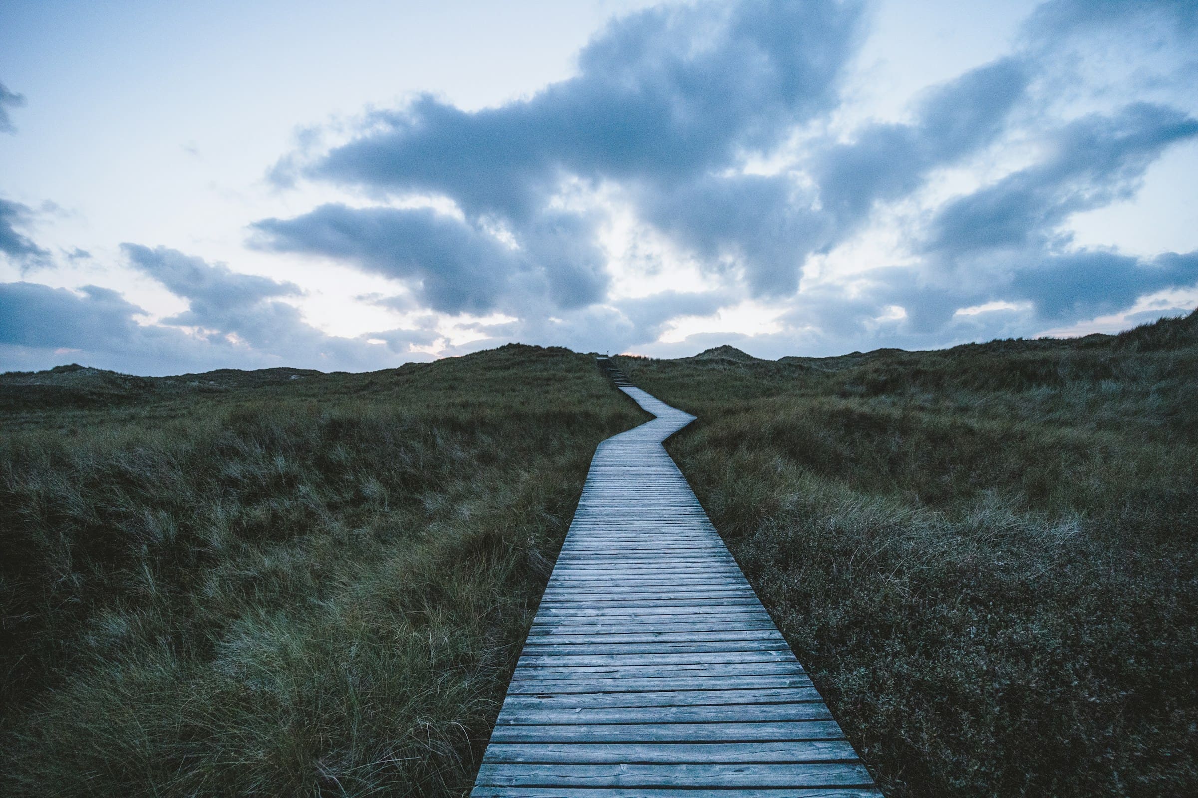 Wooden path in a dark green grassy field with a clouded sky